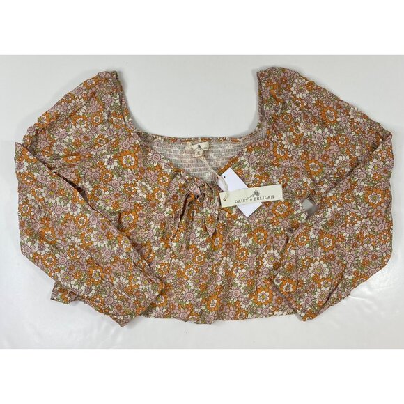 Daisy & Delilah Womens Orange Floral Long-Sleeve Smocked Crop Top Size XL - Picture 1 of 6